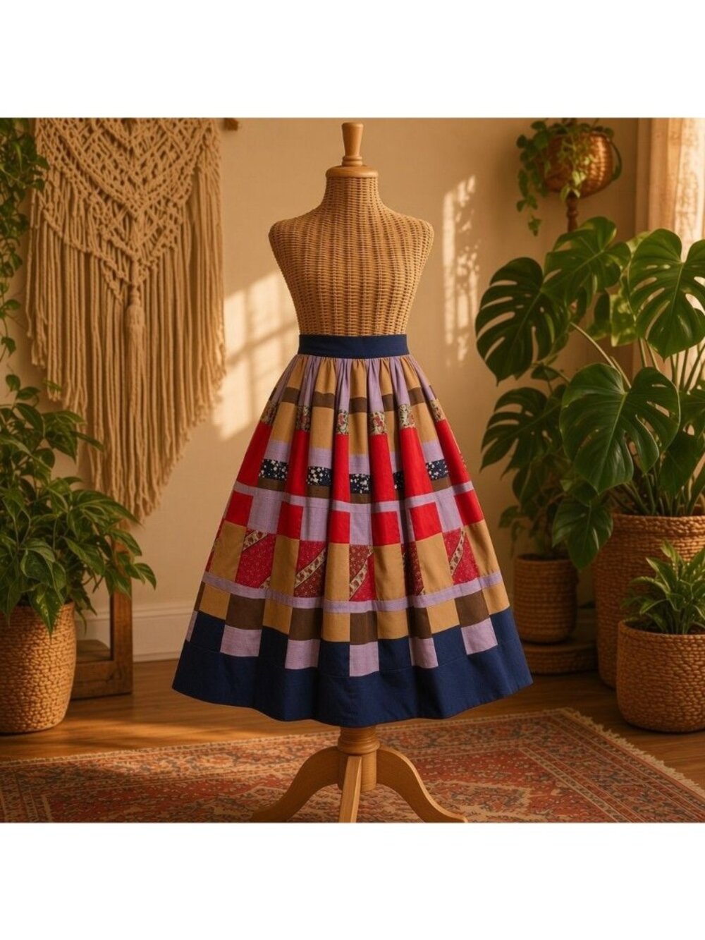 Vintage 70s Handmade Patchwork Midi Skirt | Cotton Praire Folk Cottagecore